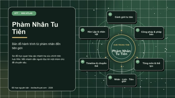 Sơ đồ Wiki Atlas Phàm Nhân Tu Tiên: sáu nhóm chủ đề tra cứu chính